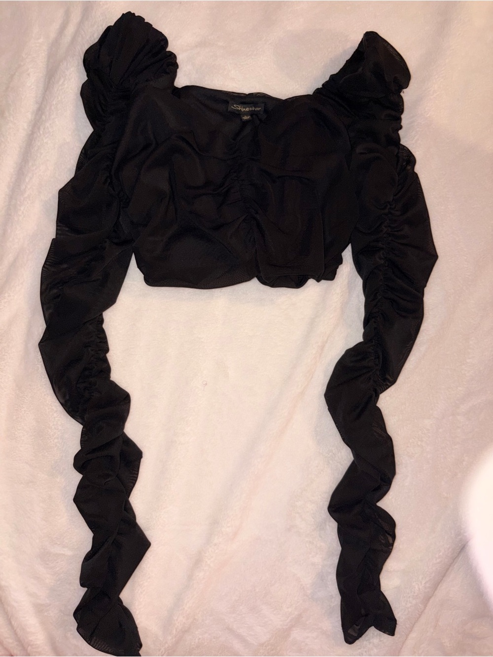Shinestar Black Ruched Puff-Sleeve Crop Top